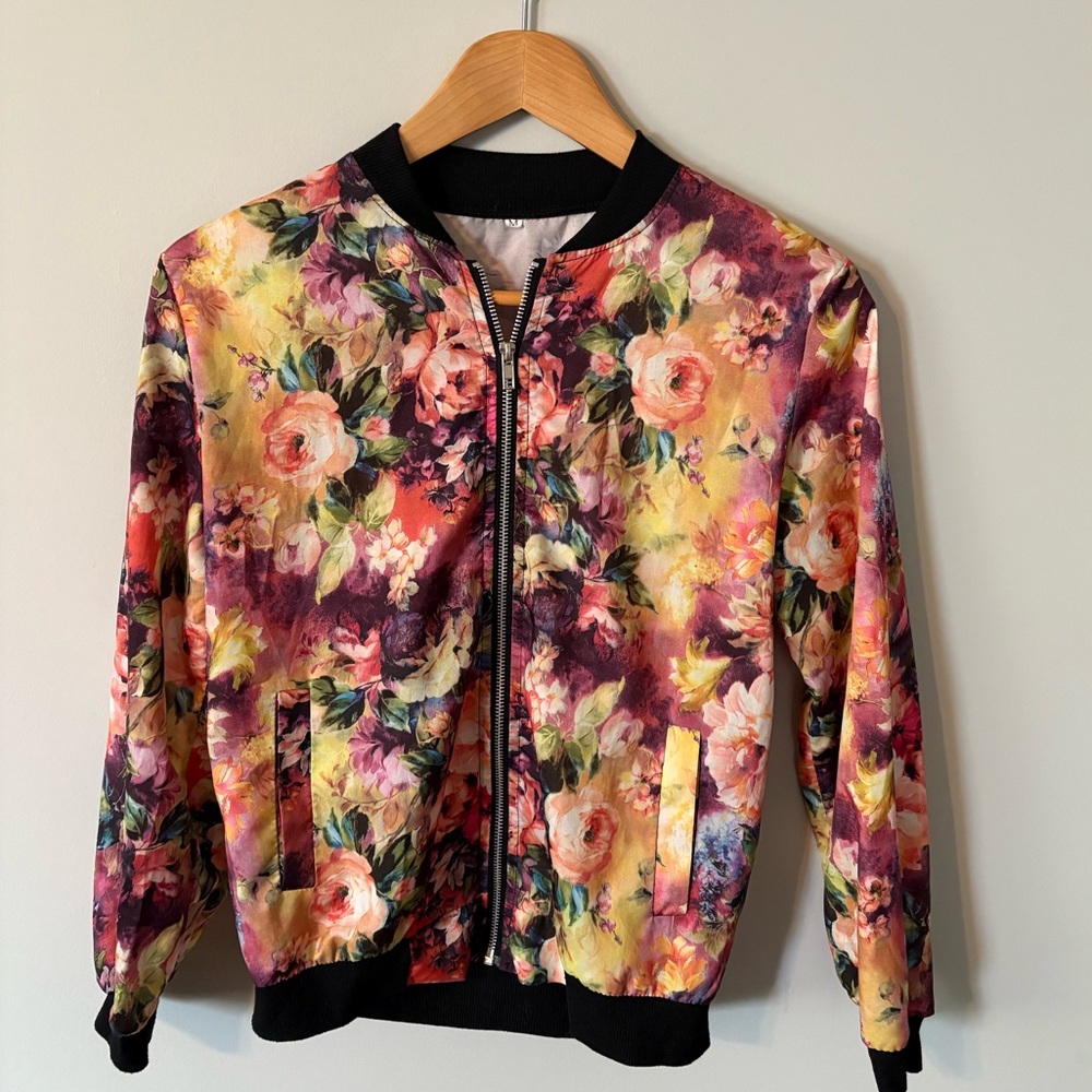 Floral bomber jacket with black trim